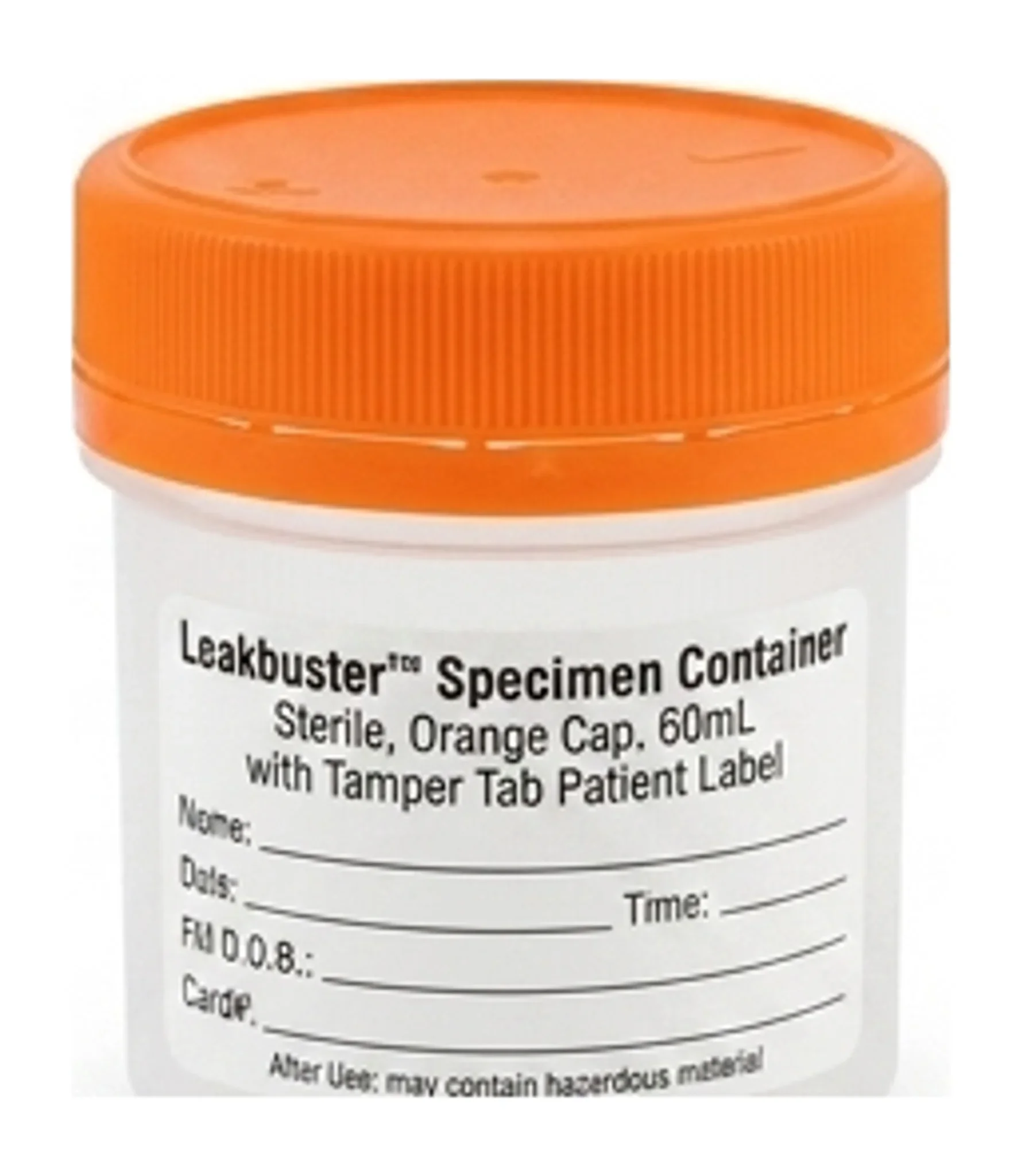 Leakbuster™ Specimen Container, Sterile, Orange Cap, 60mL, with Tamper Tab Patient Label