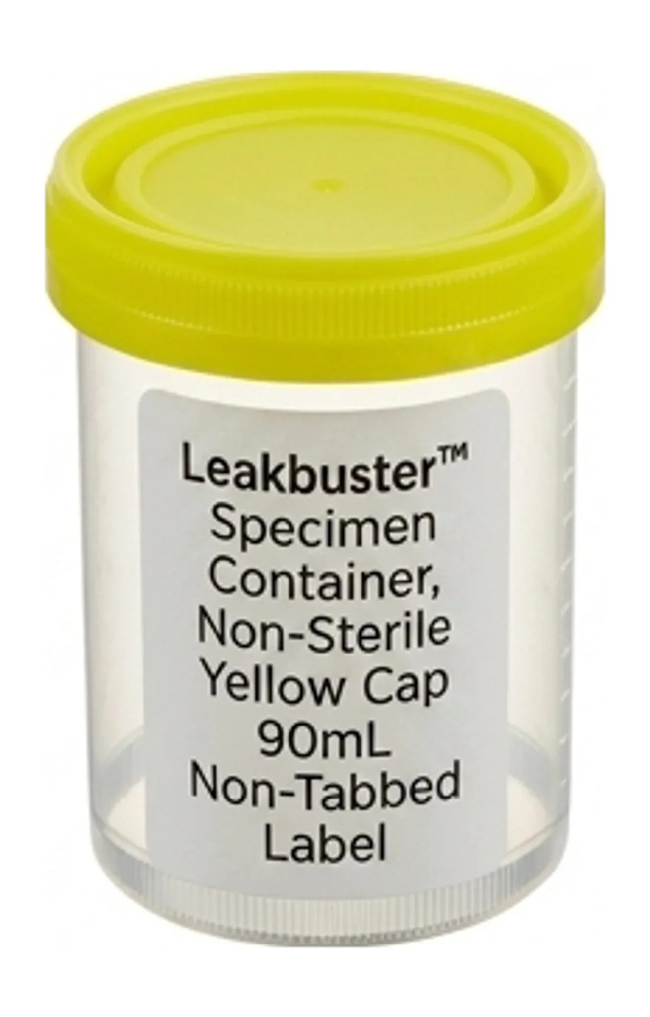 Leakbuster™ Specimen Container, Non-Sterile, Yellow Cap, 90mL, Non-Tabbed Label