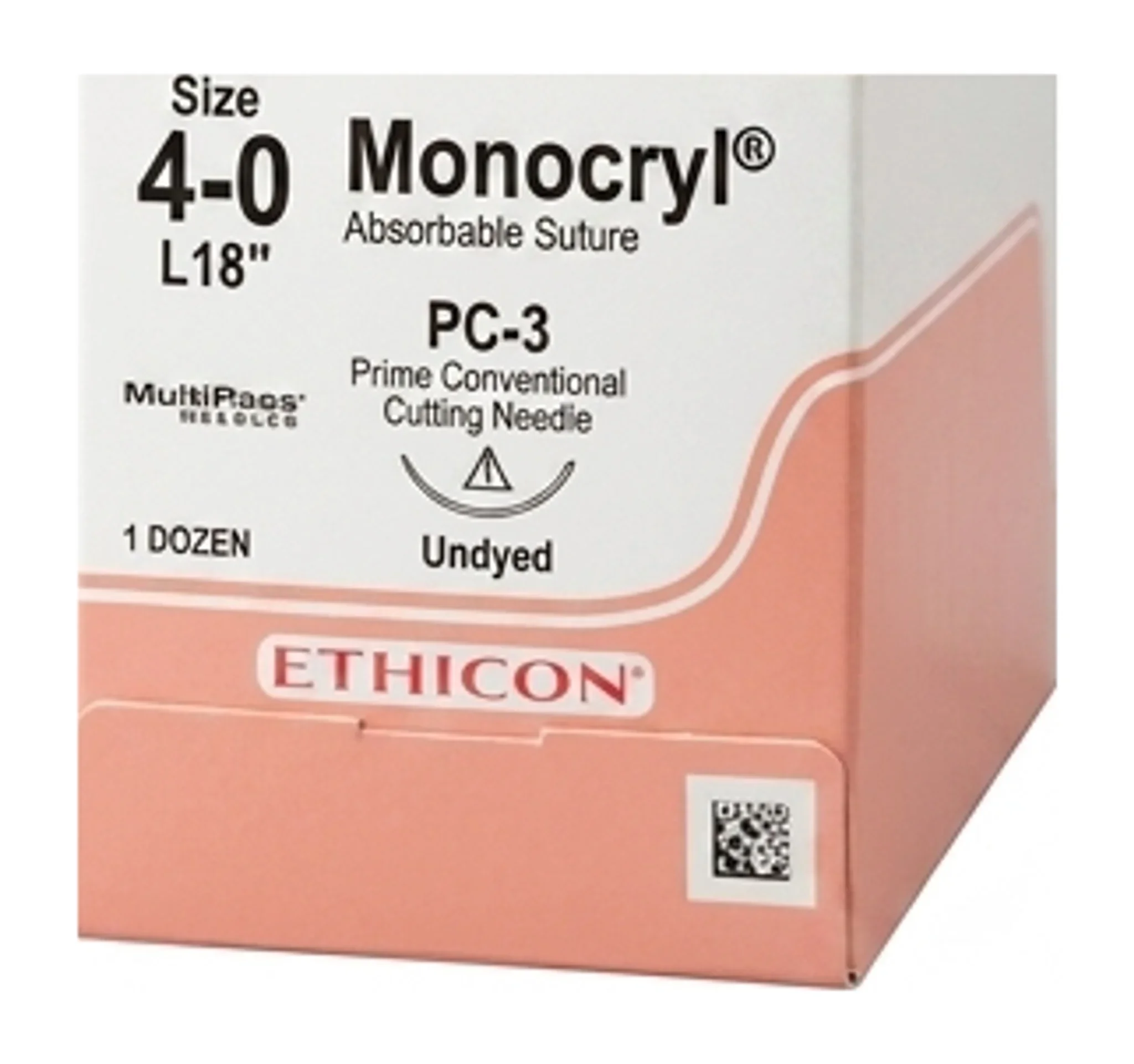 Monocryl® Absorbable Suture, Size 4-0, L18" PC-3 Prime Conventional Cutting Needle, Undyed