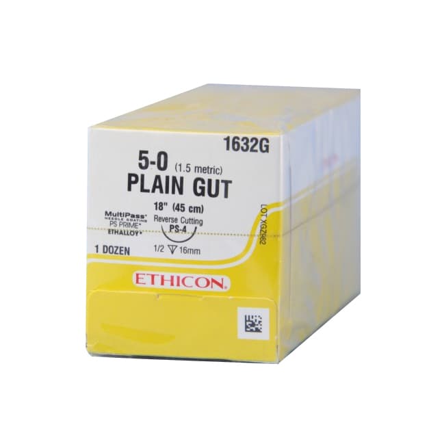 Absorbable Suture, Gut Plain, Size 5-0, L18" PS-4 Prime Reverse Cutting Needle, Yellowish Tan