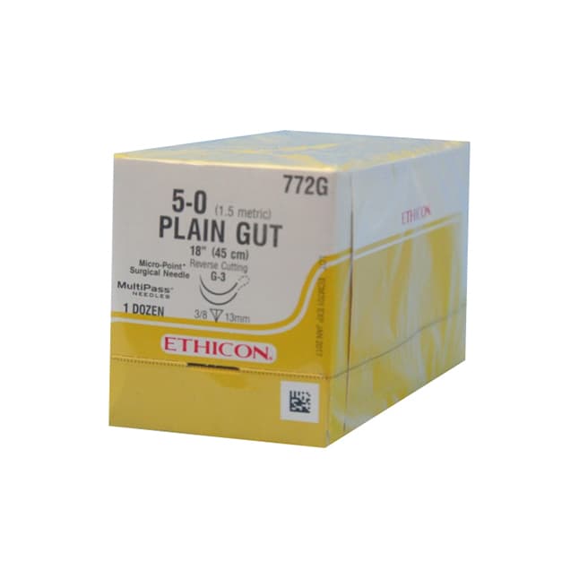 Absorbable Suture, Gut Plain, Size 5-0, L18" G-3 Prime Reverse Cutting Needle, Yellowish Tan