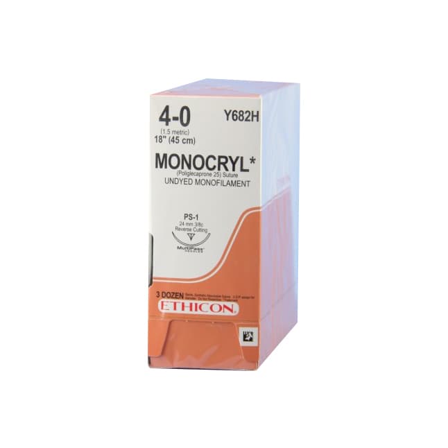 Monocryl® Absorbable Suture, Size 4-0, L18" PS-1 Prime Reverse Cutting Needle, Violet